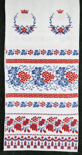 Рушник вишитий РР-2.4х0.36-6 - Рушник, ручна вишивка. Хрестик. Символи: корони, картуш, квіти, безкінечник, виноград, калина. Розмір: 2.4х0.36.